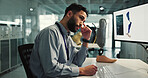 Prosthetic leg, headache and man in workplace, computer screen and bionic anatomy innovation. Scientist, programmer or person in lab, robotics or migraine with burnout, fatigue or blue light exposure