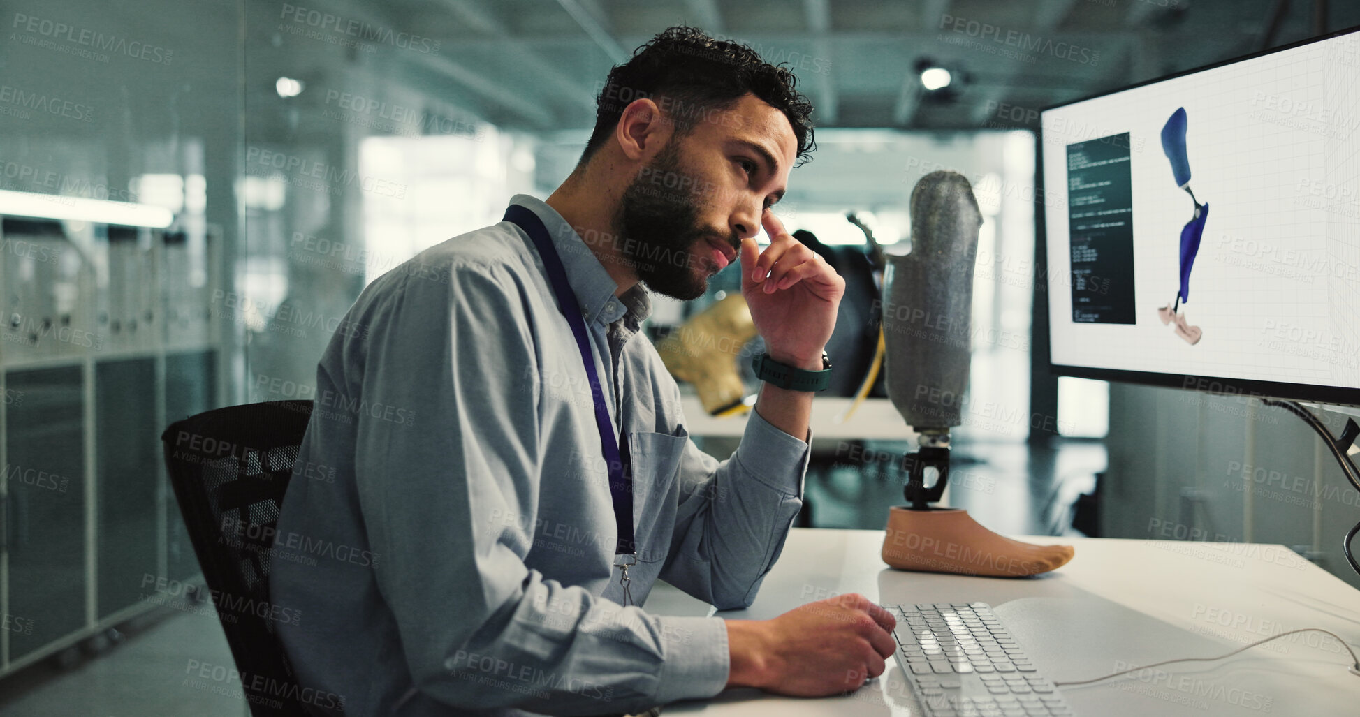 Buy stock photo Man, headache and prosthetic leg in workplace, computer screen and bionic anatomy innovation. Scientist, programmer or person in lab, robotics or migraine with burnout, fatigue or blue light exposure