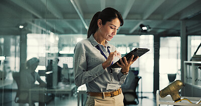 Buy stock photo Reading, programmer and woman with tablet in office, ai model prototyping or server configuration. Review, system testing or technician with tech for software development, upgrade planning or project
