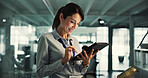 Reading, programmer and woman with tablet in agency, ai model prototyping and server configuration. Review, system testing and technician with tech for software development, upgrade planning or smile