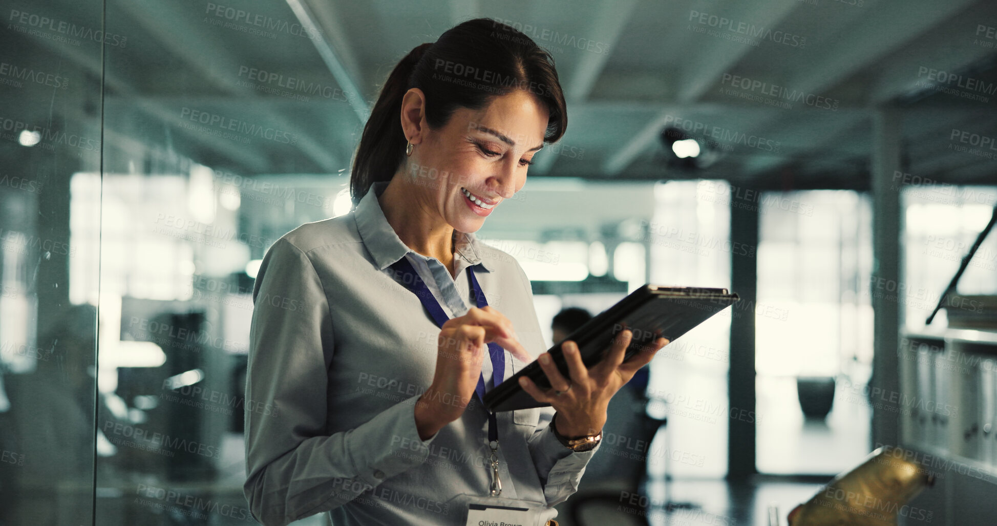 Buy stock photo Reading, programmer and woman with tablet in agency, ai model prototyping and server configuration. Review, system testing and mature technician with tech for software development, upgrade or smile