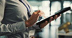 Hands, programmer or woman with tablet in agency, ai system prototyping or server integration planning. Tech, configuration or person with machine learning model upgrade, software development or app