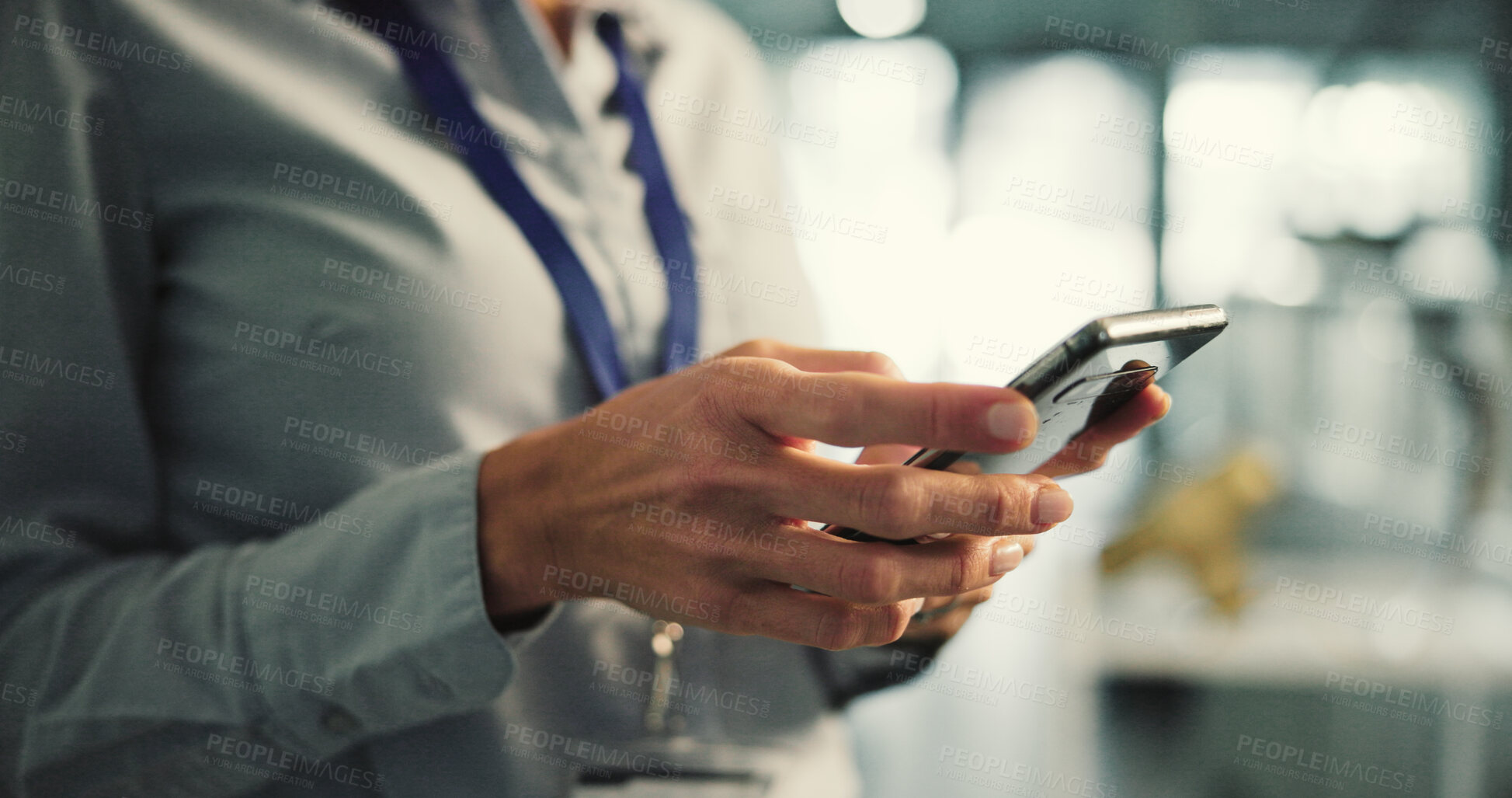 Buy stock photo Woman, hands or typing with phone in office for research, technology enhancement or innovation. Female person, engineer or scrolling with mobile smartphone or app for digital improvement in workplace