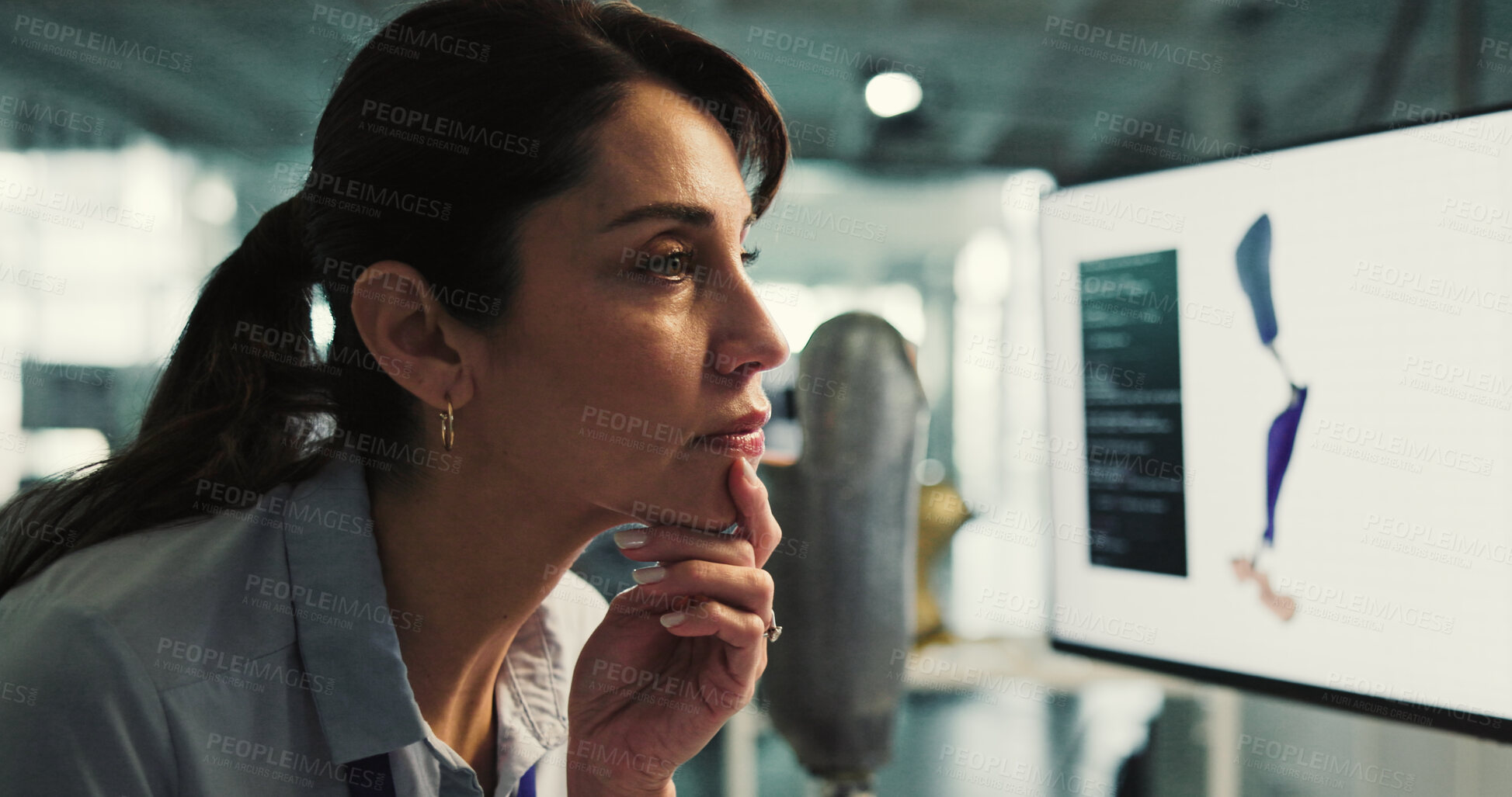 Buy stock photo Business, woman or thinking with prosthetic leg for 3D printing or biomedical engineering in lab. Thoughtful, female person or mature designer contemplating on computer for artificial development