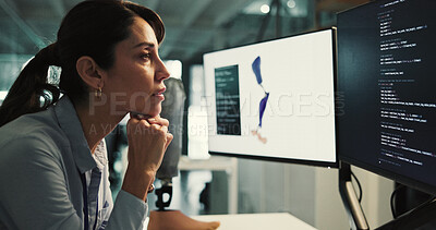 Buy stock photo Woman, thinking and developer with design for prosthetic leg, programming or 3D printing in lab. Thoughtful, female person or biomedical engineer contemplating on computer for artificial development