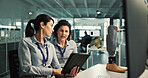 Women, tablet and conversation for prosthetic leg research, report or future development. Prosthetist, teamwork and design for artificial limbs innovation with 3d foot, mobility aid and feedback chat