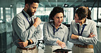Business people, team and discussion with tablet for feedback, advice and proposal. Women, man and digital tech for development with mentorship in coworking space, office or collaboration for insight