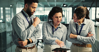 Buy stock photo Business people, team and discussion with tablet for finance, advice and proposal. Women, man and digital tech for development with investment in coworking space, office or collaboration for insight