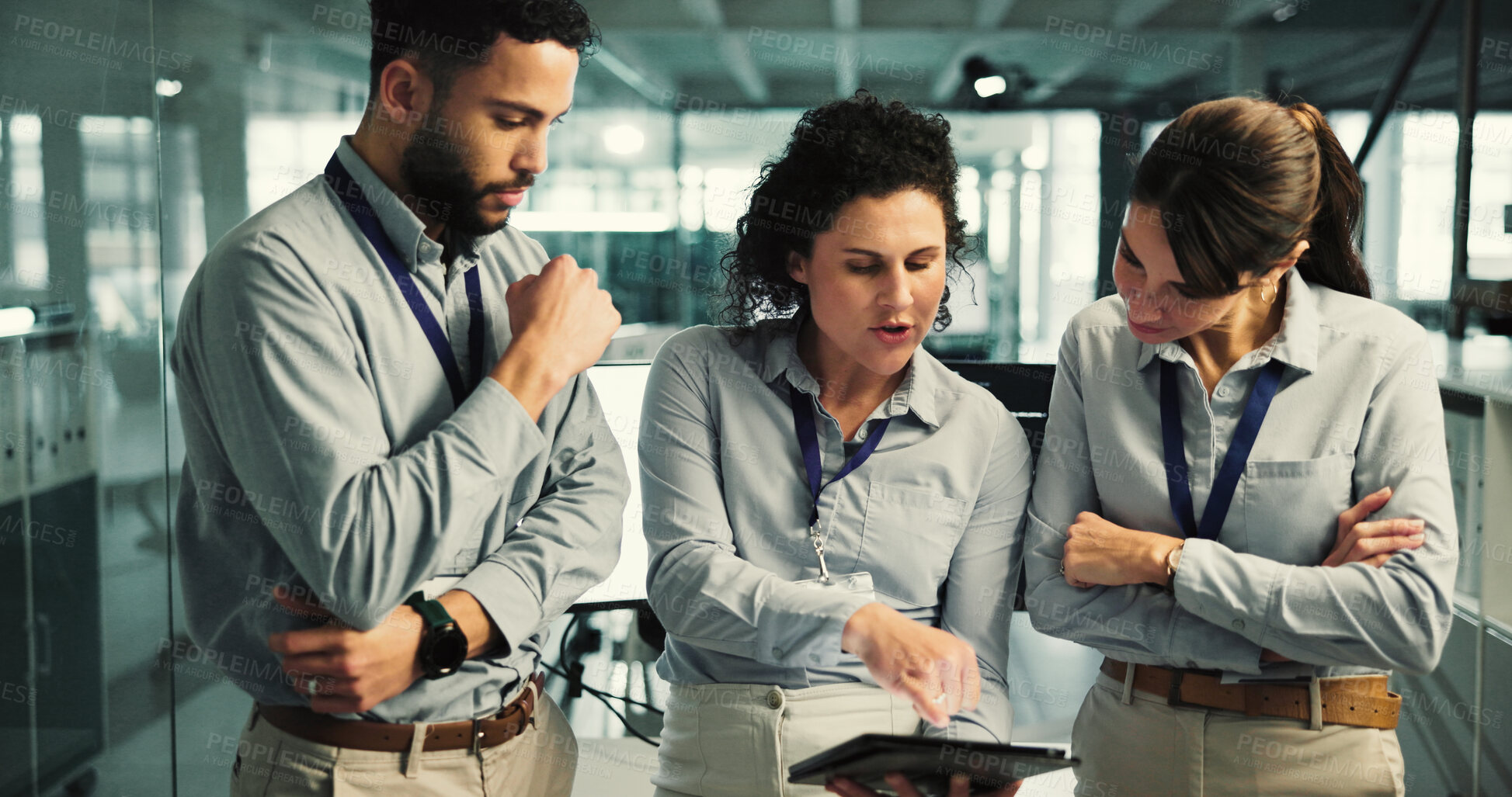 Buy stock photo Business people, team and discussion with tablet for finance, advice and proposal. Women, man and digital tech for development with investment in coworking space, office or collaboration for insight