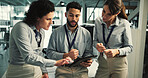 Business people, teamwork and meeting with tablet for feedback, advice and proposal. Women, man and tech for development with mentorship in coworking space, office or collaboration for insight