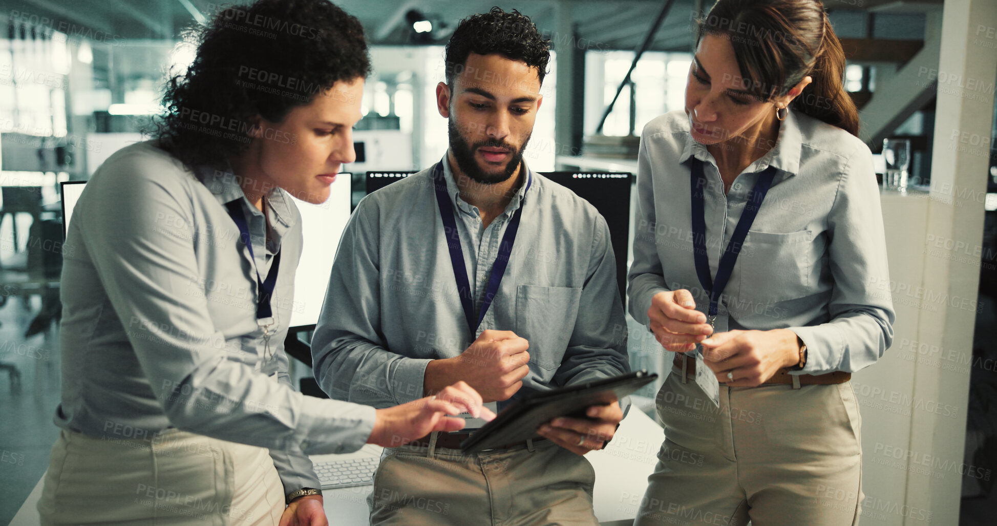 Buy stock photo Business people, teamwork and meeting with tablet for accounting, advice and proposal. Women, man and tech for development with mentorship in investment agency, office or collaboration for insight