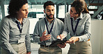 Business people, team and meeting with tablet for feedback, advice and proposal. Women, man and digital tech for development with mentorship in coworking space, office or collaboration for insight