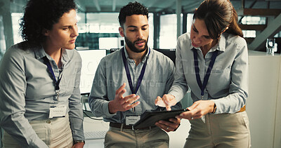 Buy stock photo Business people, team and meeting with tablet for finance, advice and proposal. Women, man and digital tech for development with mentorship in investment agency, office or collaboration for insight