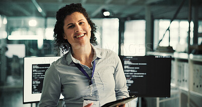 Buy stock photo Happy woman, portrait or programmer with tablet in office for artificial intelligence or programming. Female person, IT engineer or smile with technology for future development or digital innovation