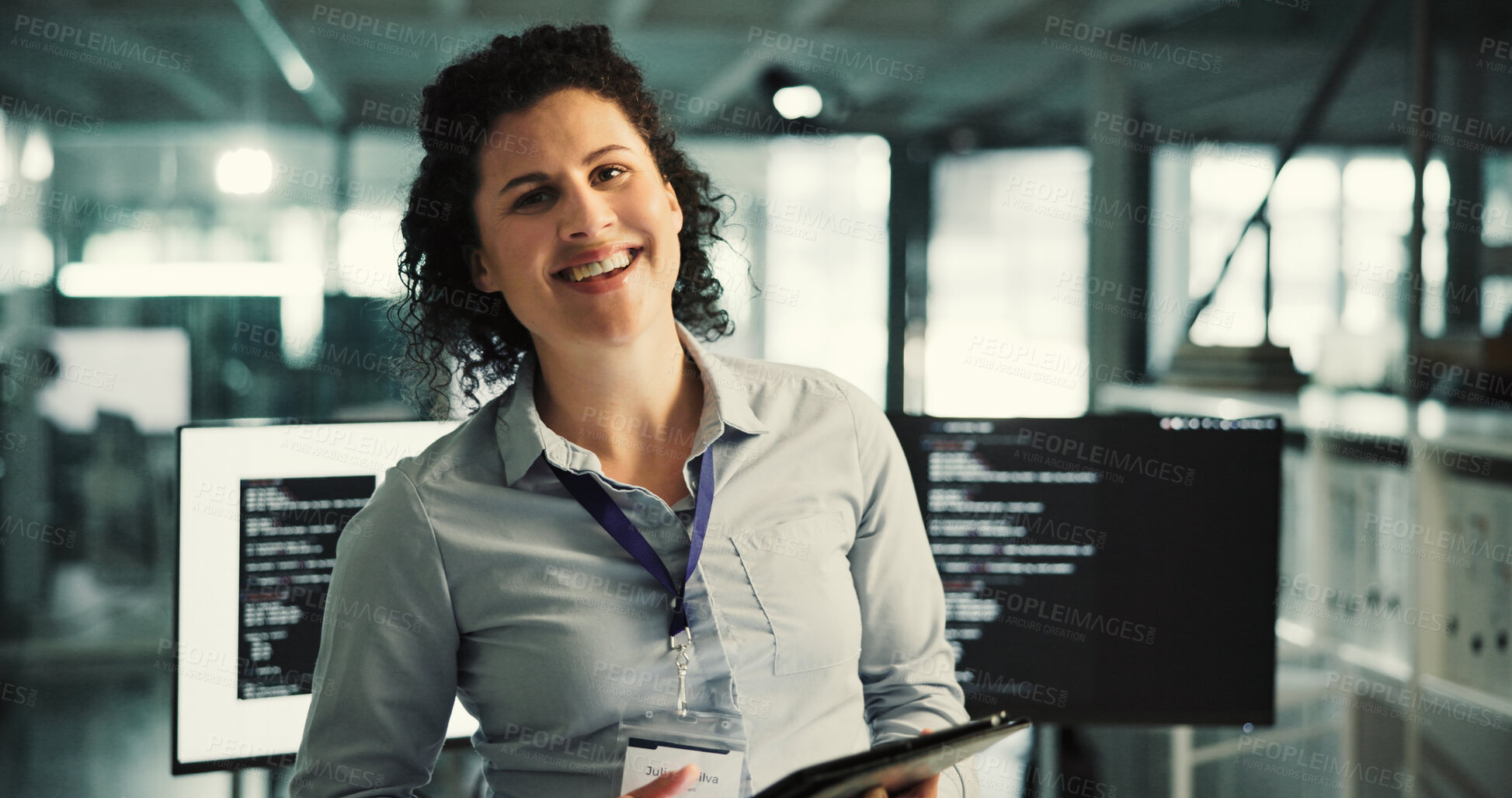 Buy stock photo Happy woman, portrait or programmer with tablet in office for artificial intelligence or programming. Female person, IT engineer or smile with technology for future development or digital innovation