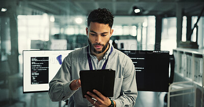 Buy stock photo Review, biomechanics or man in office with tablet, design evaluation or checklist in prosthetic testing. Reading, digital or engineer with tech, system check or progress track in mobility research.