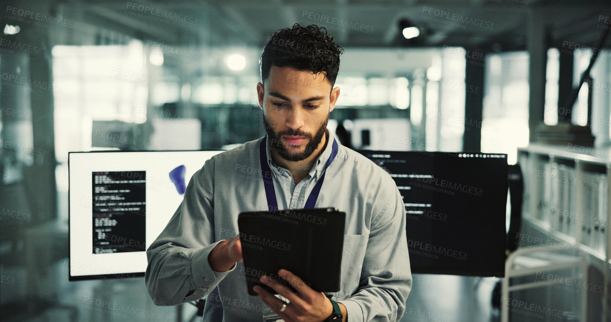 Buy stock photo Review, biomechanics or man in office with tablet, design evaluation or checklist in prosthetic testing. Reading, digital or engineer with tech, system check or progress track in mobility research.