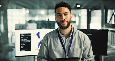 Buy stock photo Portrait, man and smile with computer screen in office for research, prosthetic design and engineering. Happy, male person and tech for coding, 3d limb model and prototype innovation for biomedical