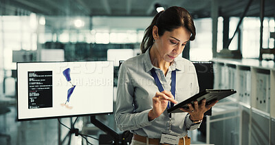 Buy stock photo Prosthetics, reading or woman with tablet in office, biomedical engineering or artificial leg development. Planning, tech or mature robotics expert with prototype testing, mobility research or review