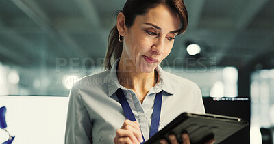 Buy stock photo Review, biomechanics or woman in office with tablet, design evaluation or checklist in prosthetic testing. Bokeh, digital or engineer with tech, system check or progress track in mobility research.