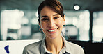 Portrait, smile and business woman in office for about us, branding manager and professional at night. Confidence, creative director and happy with mature employee in media agency for overtime