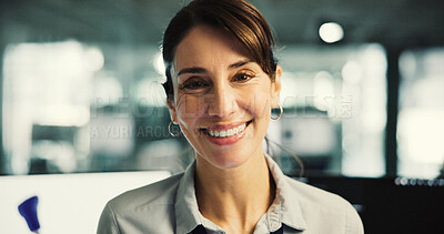 Buy stock photo Portrait, smile and business woman in office for about us, branding manager and professional at night. Confidence, creative director and happy with mature employee in media agency for overtime