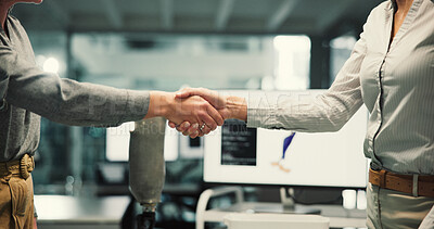 Buy stock photo Handshake, robotics and meeting with business people in office for engineering deal, success and thank you. Collaboration, mechatronic partners and shaking hands with employees in agency for team