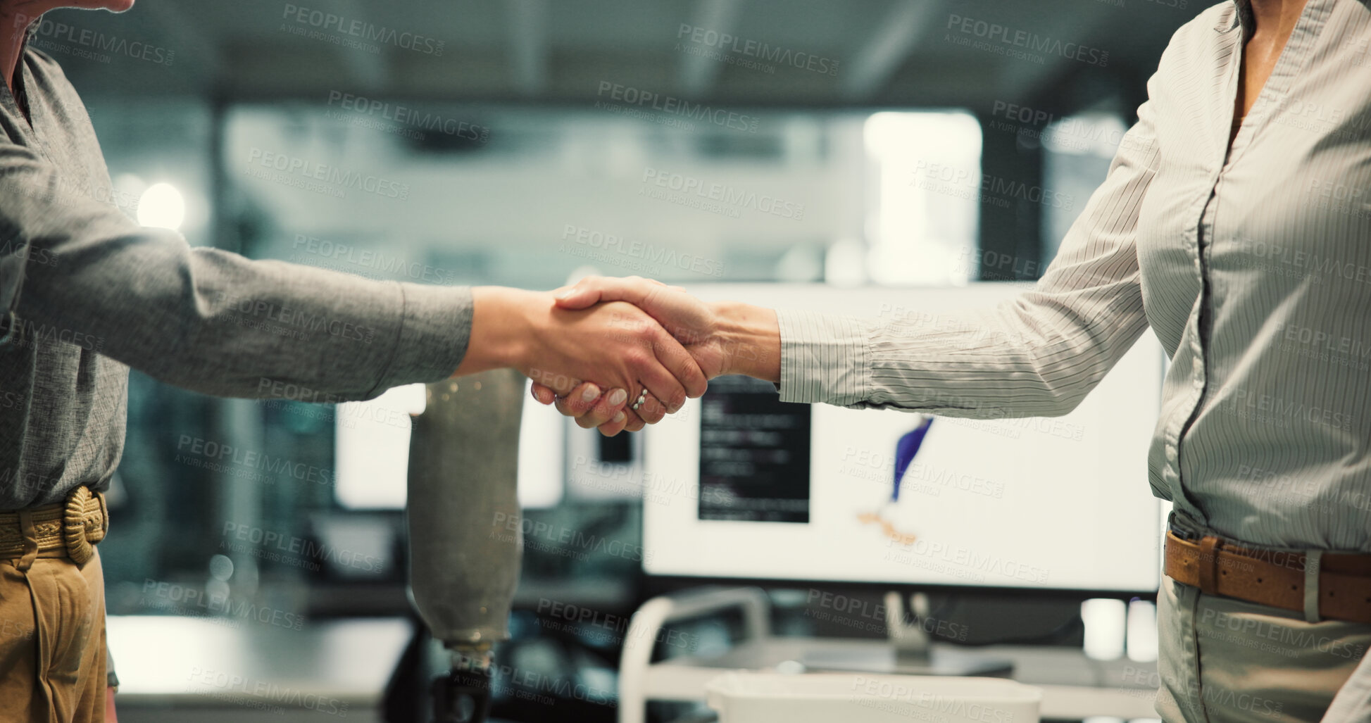 Buy stock photo Handshake, robotics and meeting with business people in office for engineering deal, success and thank you. Collaboration, mechatronic partners and shaking hands with employees in agency for team