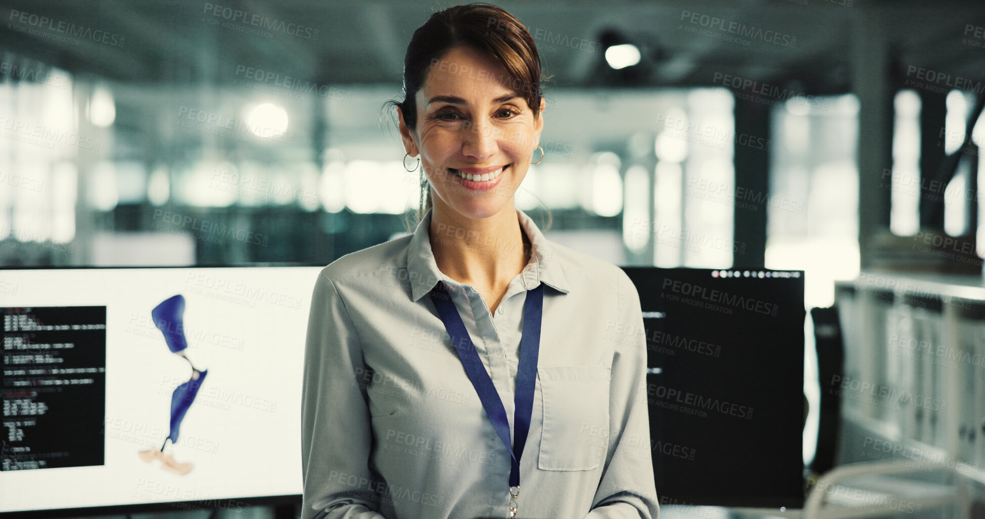 Buy stock photo Review, portrait or prosthetist in office with computer, design evaluation or pride in artificial limb test. Future, smile or woman with tech, model development or confidence in mobility research.