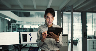Buy stock photo Review, prosthetics or woman in office with tablet, design evaluation or checklist in biomechanics. Reading, data or mature prosthetist with tech, model development or progress in mobility research.