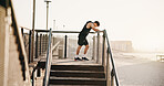 Fitness, rest and man by stairs for exercise, training and workout break outdoor. Athlete, sports and person with fatigue for wellness, health and active hobby for runner challenge, recovery and calm