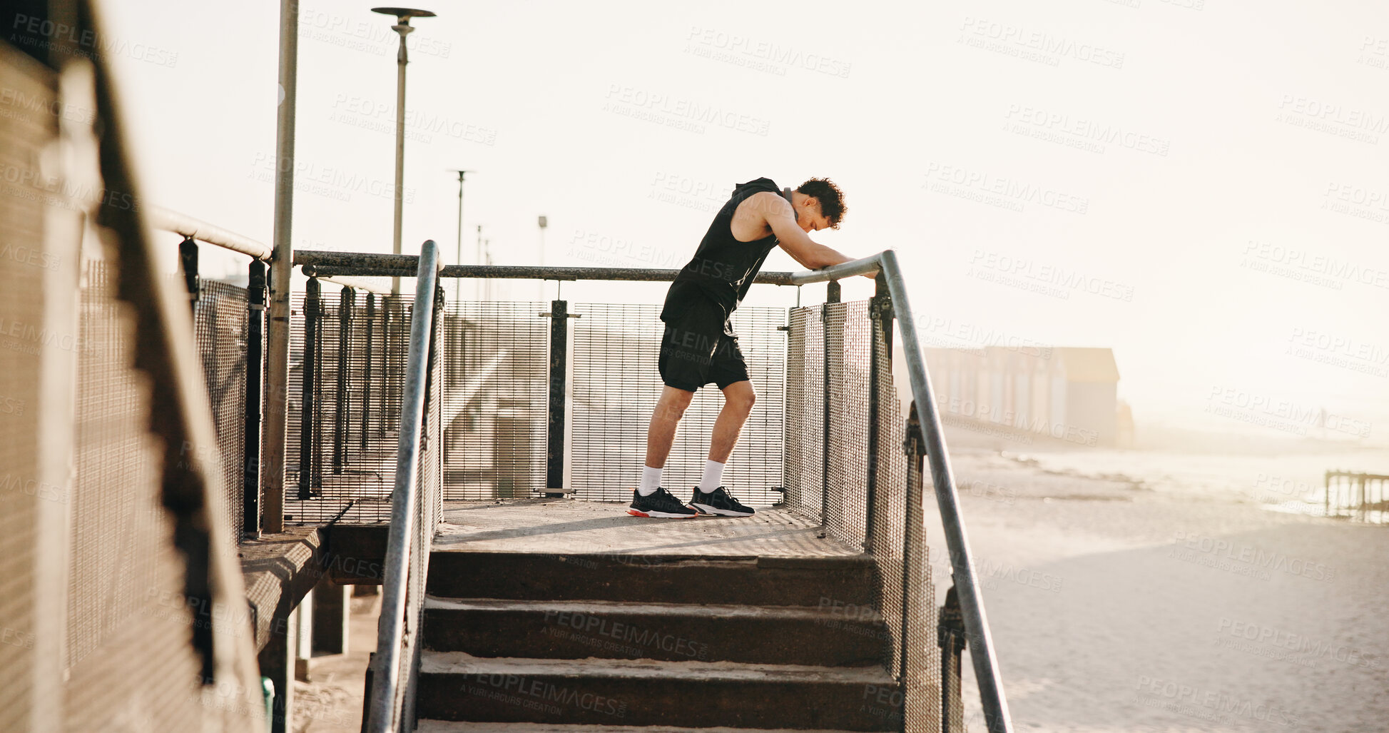 Buy stock photo Fitness, rest and man by stairs for exercise, training and workout break outdoor. Athlete, sports and person with fatigue for wellness, health and active hobby for runner challenge, recovery or tired