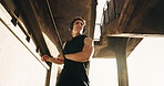 Skipping, fitness and man in city for exercise, workout and training for cardio, health and wellness. Athlete, sports and person with jump rope for active hobby for practice, endurance and challenge