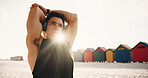 Stretching, sunlight and man with headphones for fitness, workout and training for mobility, cardio and health. Runner, athlete and person with warm up for wellness, exercise or listening to music