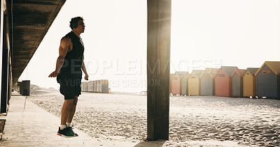 Buy stock photo Skipping, fitness and man by beach for exercise, workout and training for cardio, health and wellness. Athlete, sports and person with jump rope for active hobby, endurance and challenge outdoor