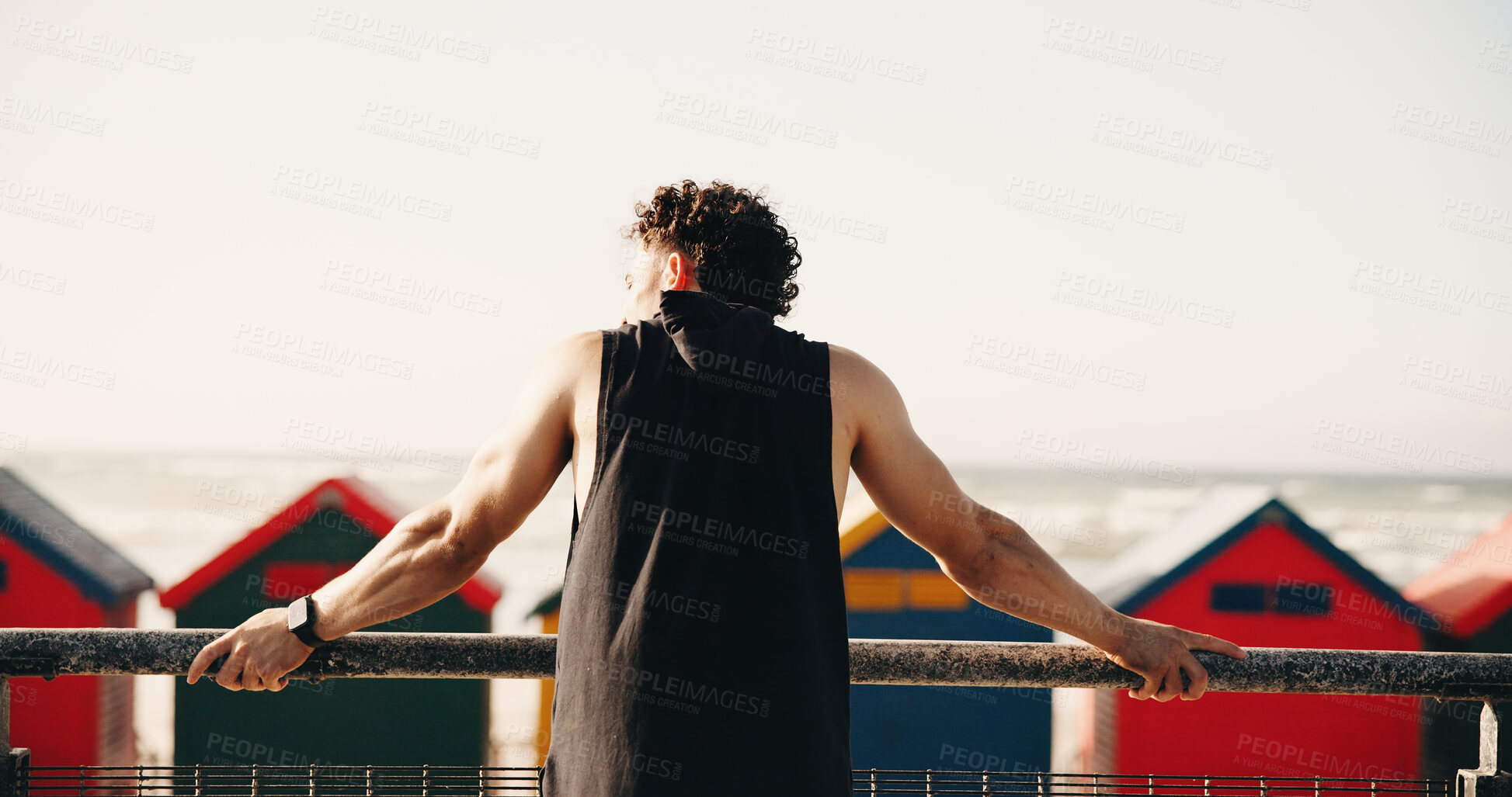 Buy stock photo Beach, athlete and man on fitness break, mockup space and thinking of wellness with exercise outdoor. Ocean, runner and person with thoughts in nature, back and healthy with workout or reflection