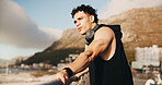 Thinking, athlete and man with headphones on bridge, remember and planning for exercise and fitness. Outdoor, runner and person with tech for audio, space and workout reflection for wellness in city