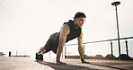 Fitness, push up and man in city for exercise, core workout and training for cardio, health and wellness. Athlete, sports and person in morning with active hobby for muscles, endurance and challenge