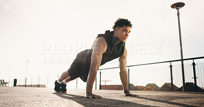 Buy stock photo Fitness, push up and man in city for exercise, core workout and training for cardio, health and wellness. Athlete, sports and person in morning with active hobby for muscles, endurance and challenge