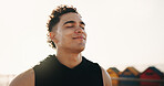 Fitness, rest and man breathe for exercise, training and workout break. Athlete, sports and person with smile for wellness, health and active hobby for runner challenge, recovery and fresh air