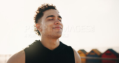 Buy stock photo Fitness, rest and man breathe for exercise, training and break with reflection. Athlete, nature and person with smile for wellness, health and active hobby for mindfulness, recovery and fresh air