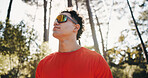 Fitness, rest and man in nature for thinking, training and workout for exercise. Athlete, sports and person with reflection for wellness, health and active hobby for challenge, recovery and calm