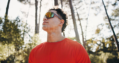 Buy stock photo Fitness, rest and man in nature for thinking, training and breathe for exercise outdoor. Athlete, forest and person with reflection for wellness, health and active for mindfulness, recovery and calm