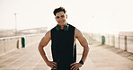 Runner, portrait and happy man with headphones on break, fitness or confident after workout routine. Outdoor, athlete and person with smile for wellness, resting and exercise with tech and space