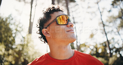 Buy stock photo Fitness, thinking and man in nature for exercise, training and fresh air for health, wellness and calm. Happy, athlete and person in woods for reflection, thoughtful and rest for mindfulness outdoor