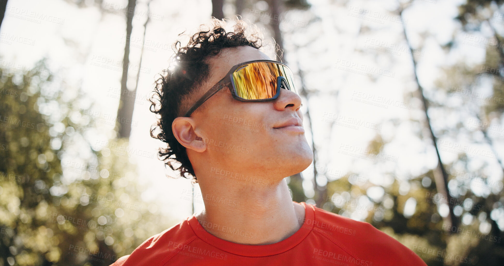 Buy stock photo Fitness, thinking and man in nature for exercise, training and fresh air for health, wellness and calm. Happy, athlete and person in woods for reflection, thoughtful and rest for mindfulness outdoor
