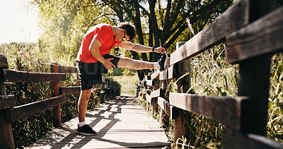Buy stock photo Stretching, legs and man in nature for fitness, exercise and training for cardio workout. Runner, athlete and person with warm up for endurance, mobility and wellness for active hobby outdoor