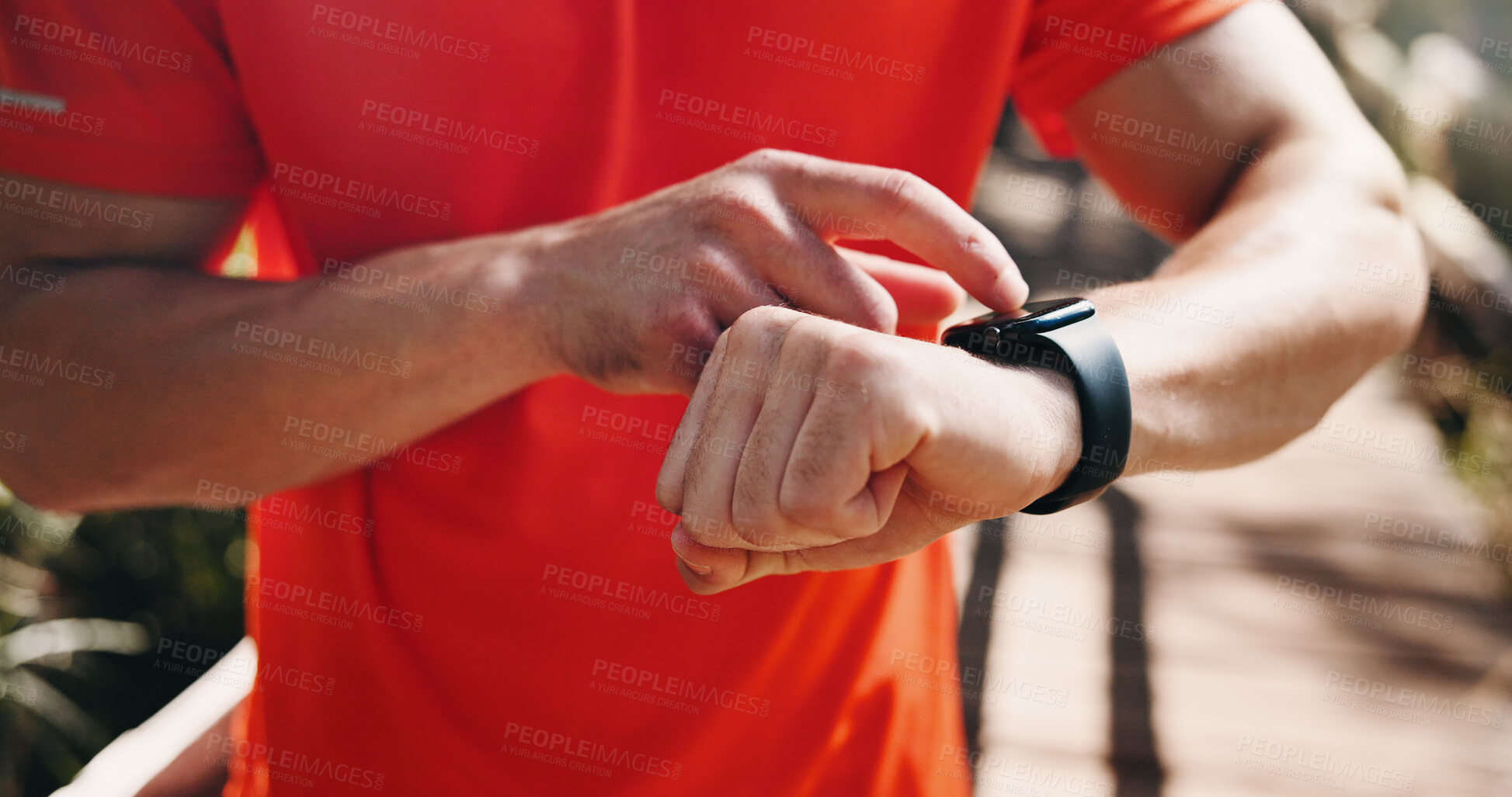Buy stock photo Fitness, smart watch and runner with hands of man for workout stats, distance tracking and health. Exercise performance, wellness and tech with person outdoor for speed monitor and stopwatch