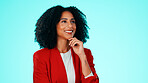 Thinking, smile or woman with space, mindfulness or inspiration for career growth. Mockup, reflection or employee on studio background with idea, perspective or daydreaming on professional goals.
