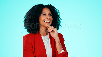 Buy stock photo Thinking, smile or businesswoman with space, mindfulness or inspiration for career growth. Idea, reflection or employee on studio background with perspective or daydreaming on professional goals.